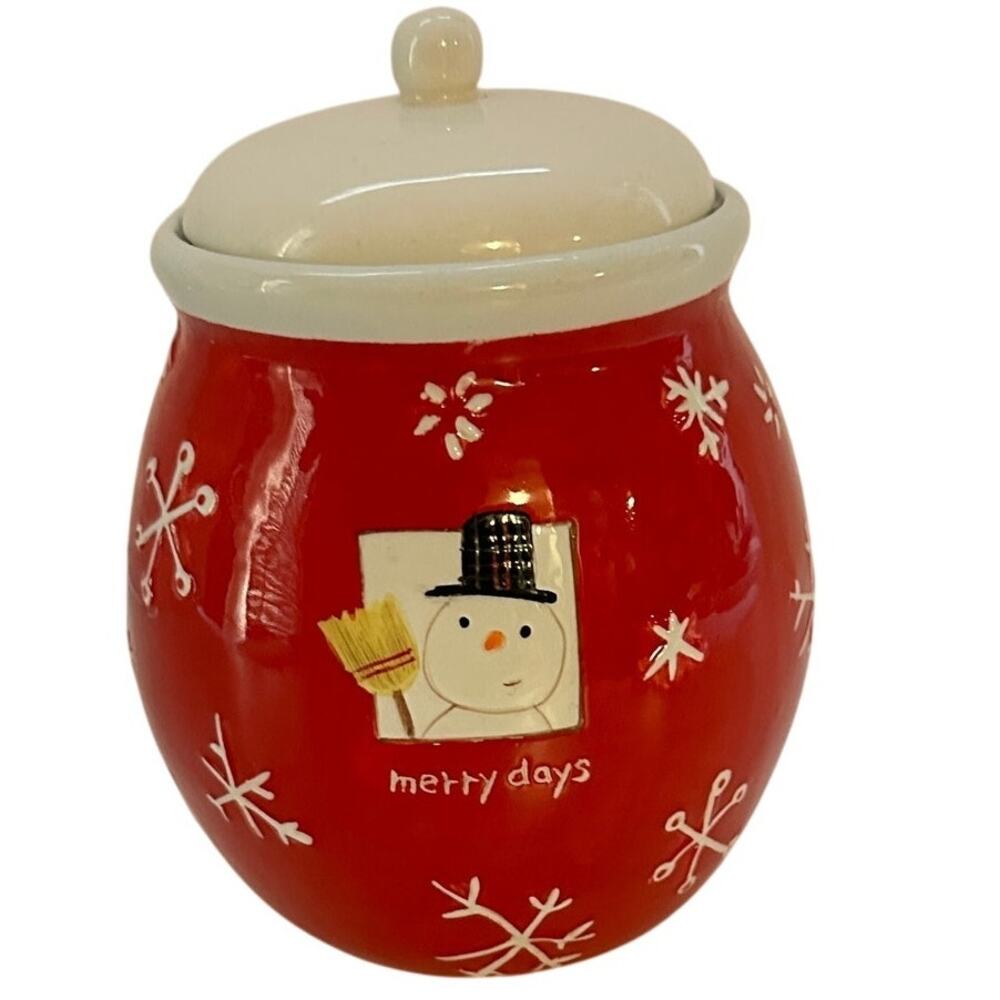 Hallmark Merry Days Snowman Christmas Cookie‎ Jar Snowflakes Red White Holiday